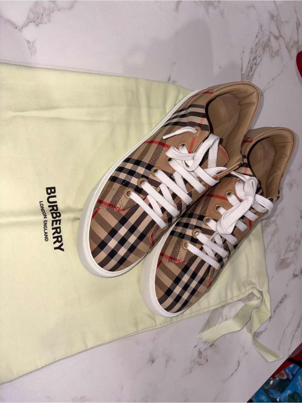 Burberry Beige Check Leather Low-Top Sneakers with Red Accent